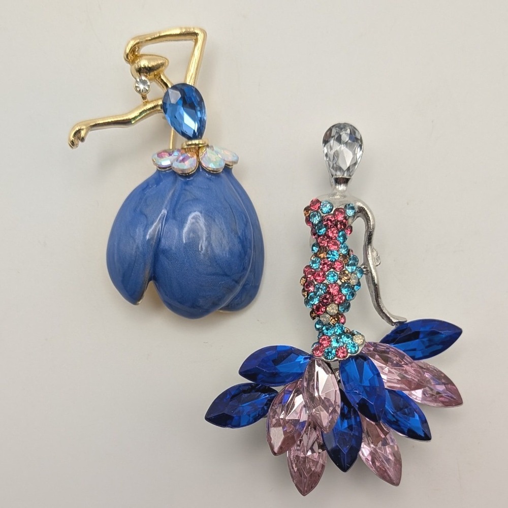 Ballerina Dancer Brooch Pendant Set Jeweled Enamel Blue Pink Gold Silver 2pc